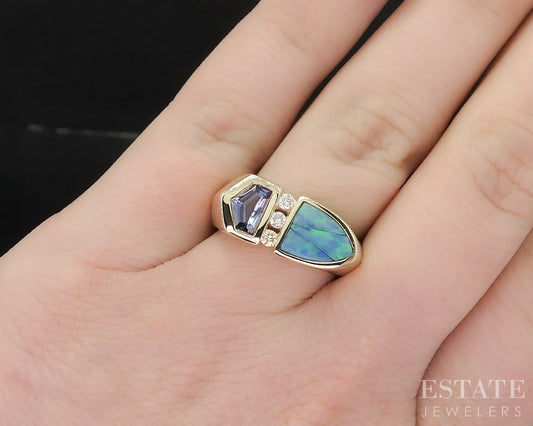 14k Yellow Gold Kabana Natural Tanzanite Opal & Diamond Ring 9.1g i19647b