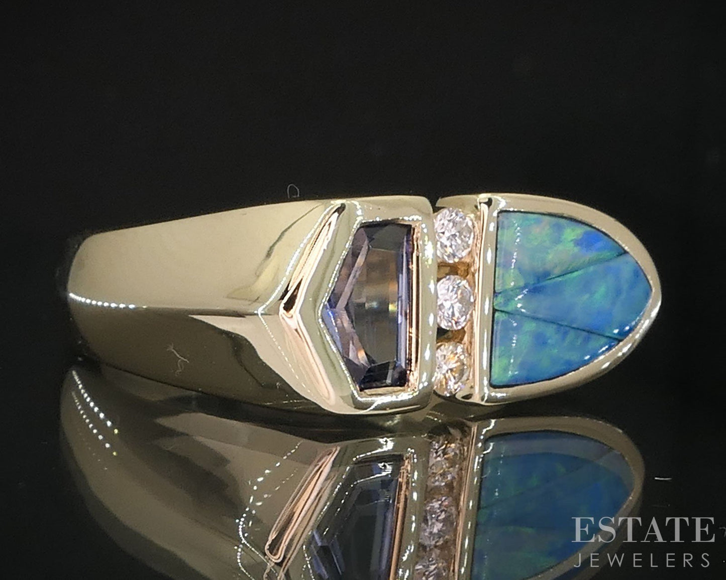 14k Yellow Gold Kabana Natural Tanzanite Opal & Diamond Ring 9.1g i19647b