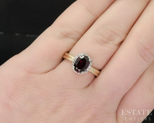 14k Yellow Gold Oval Natural Garnet & Diamond Ladies Halo Ring 3.6g i19656b