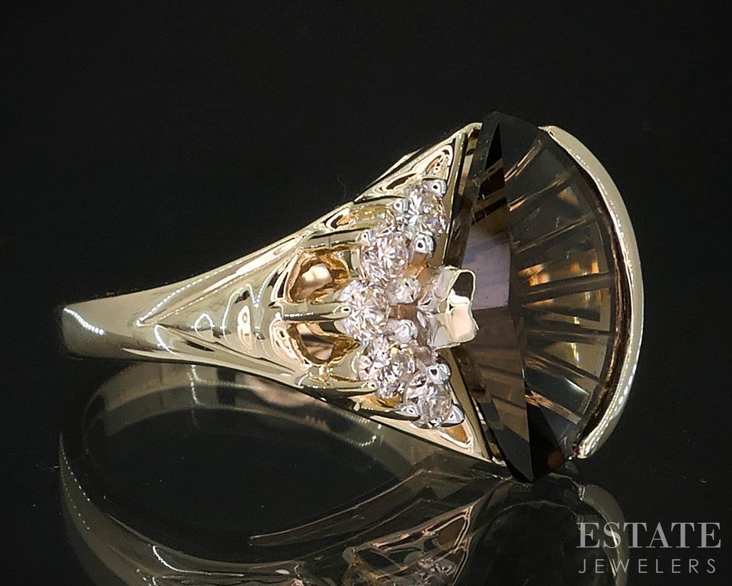 14k Yellow Gold Fancy Cut Natural Smoky Quartz & Diamond Ring 6.2g i19663b
