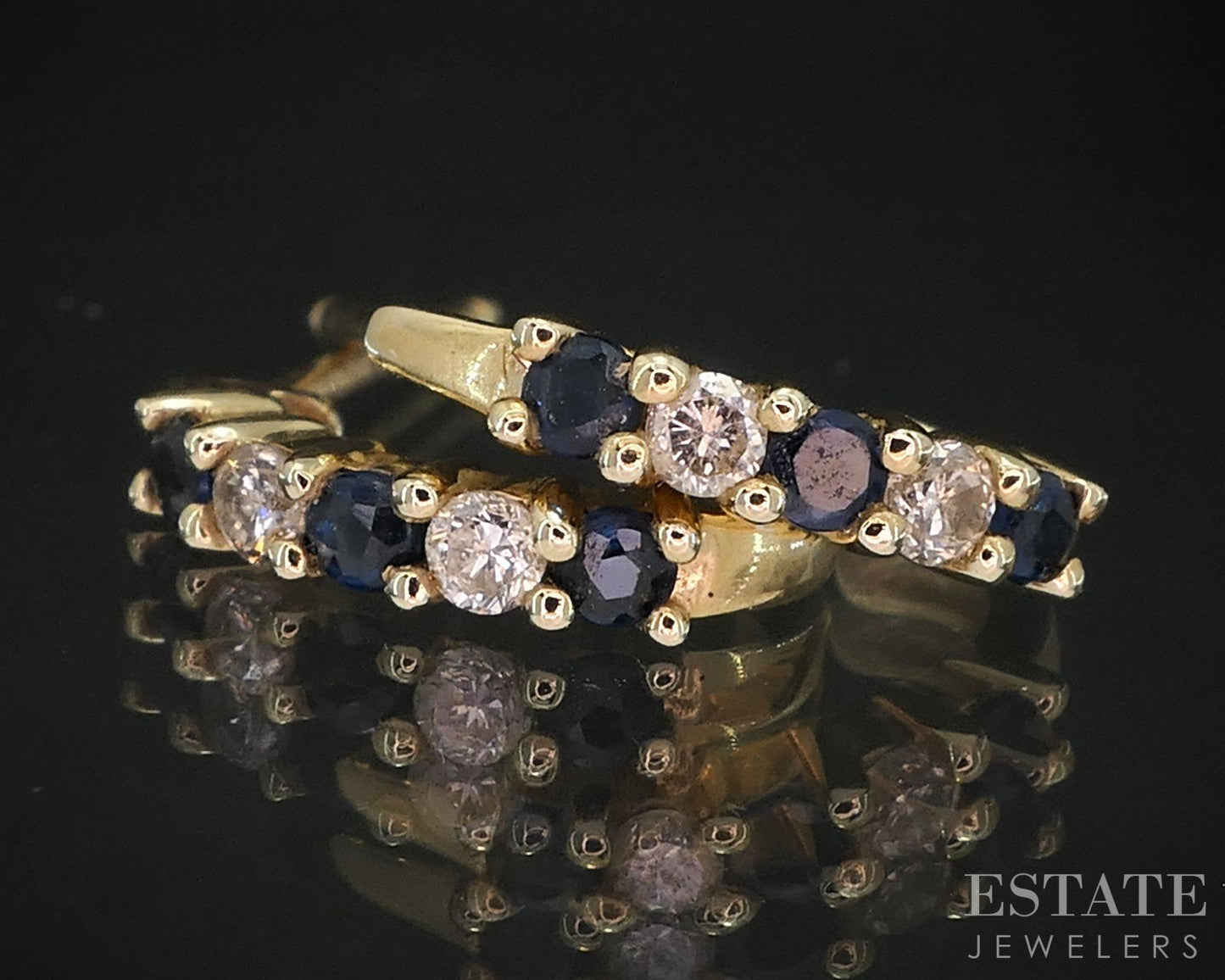 14k Yellow Gold Natural Blue Sapphire & Diamond J-Hoop Earrings 1.4g i19513b