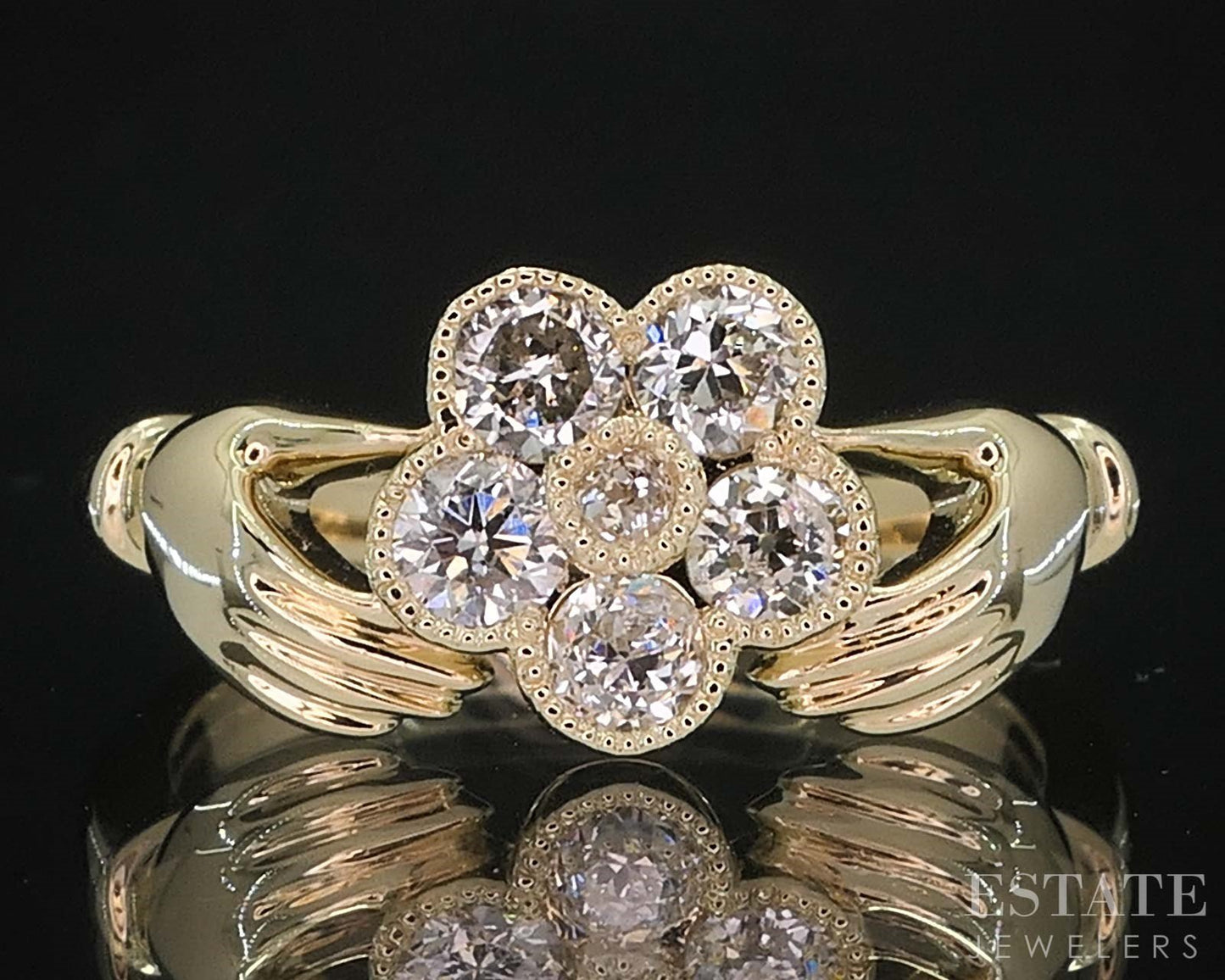 14k Yellow Gold OEC Natural Diamond Gimmel Claddagh Cluster Ring 4g i19665