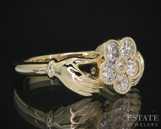 14k Yellow Gold OEC Natural Diamond Gimmel Claddagh Cluster Ring 4g i19665