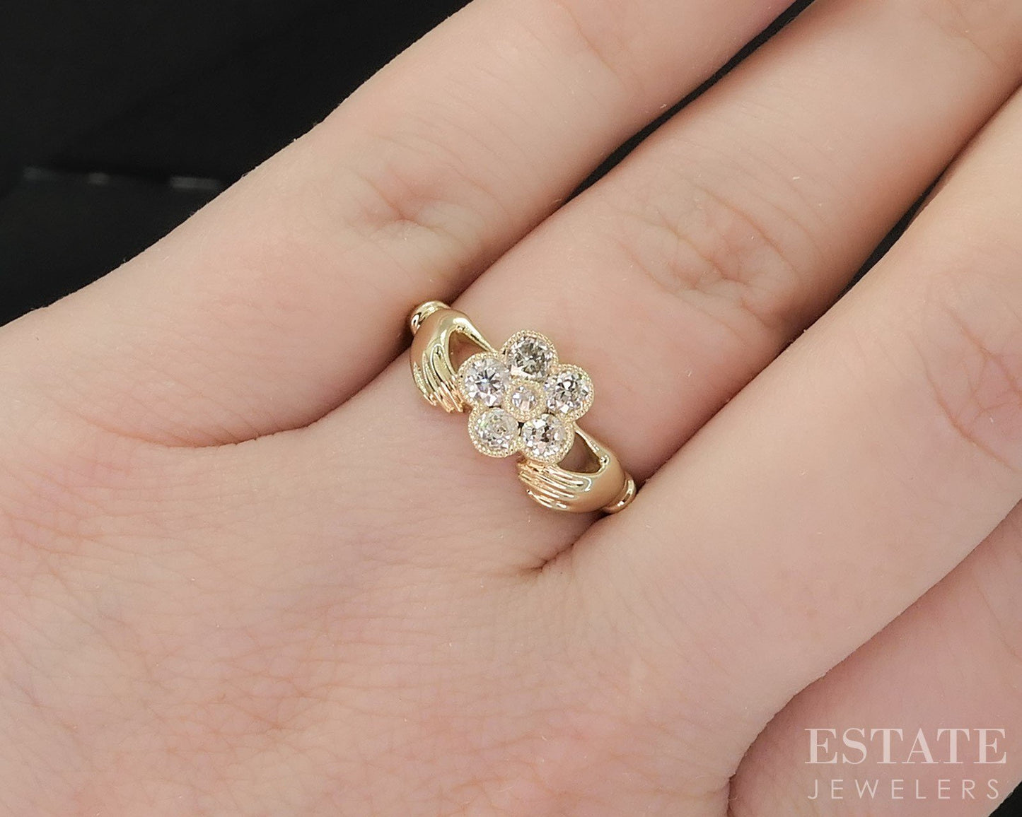 14k Yellow Gold OEC Natural Diamond Gimmel Claddagh Cluster Ring 4g i19665