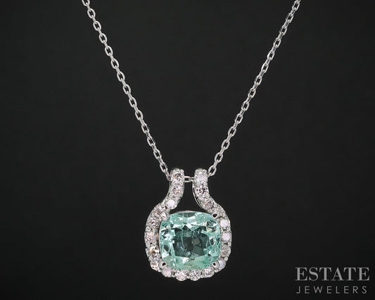14k White Gold Natural Green Beryl & Diamond Ladies Necklace 4.6g 18"L i19671