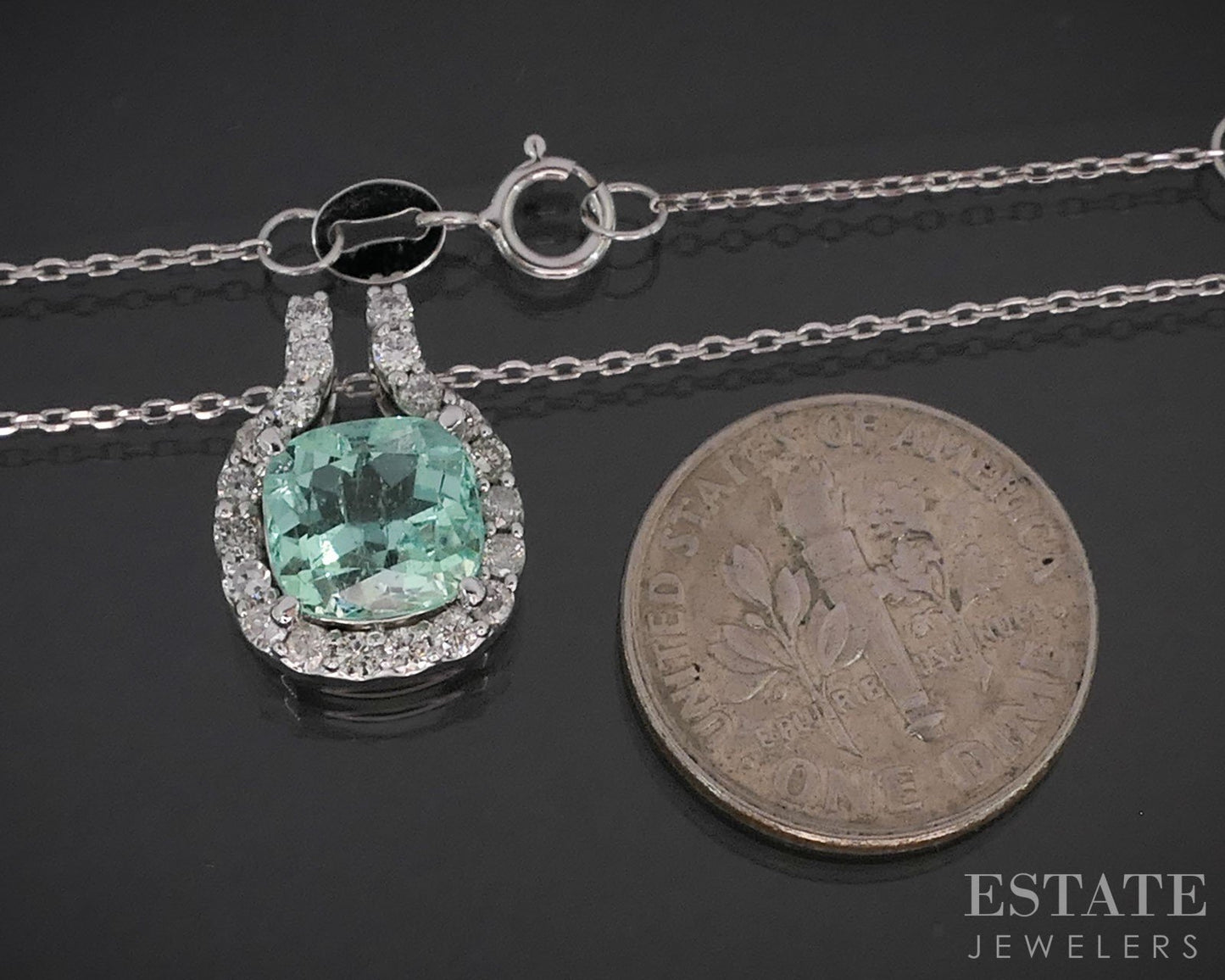 14k White Gold Natural Green Beryl & Diamond Ladies Necklace 4.6g 18"L i19671