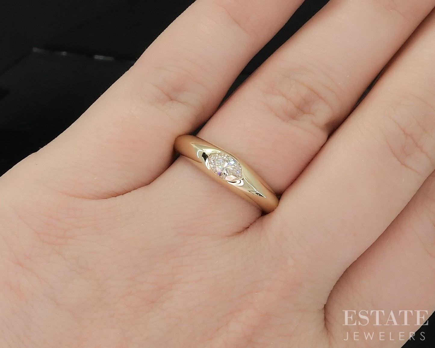 14k Yellow Gold Marquise Natural .37ct Diamond Solitaire Band Ring 5.4g i19662