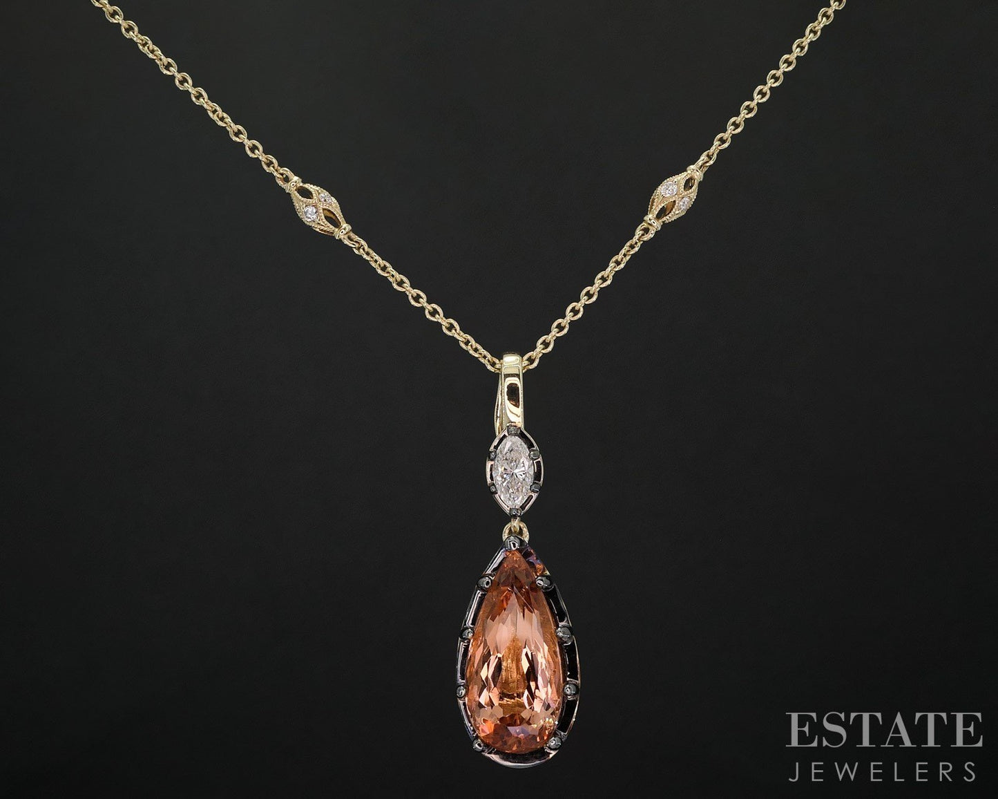 14k Yellow Gold Pear Natural Imperial Topaz & Diamond Necklace 11.6g 18"L i19664