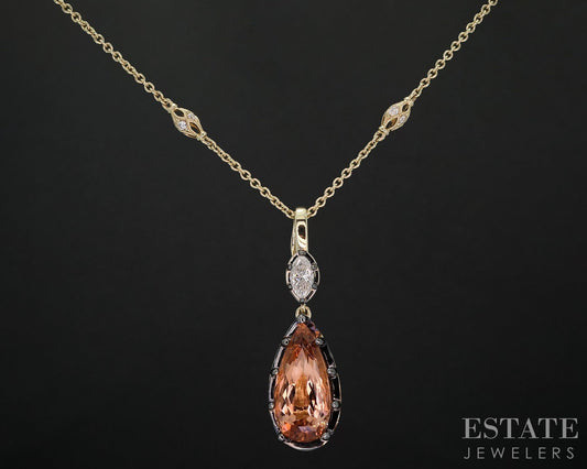 14k Yellow Gold Pear Natural Imperial Topaz & Diamond Necklace 11.6g 18"L i19664