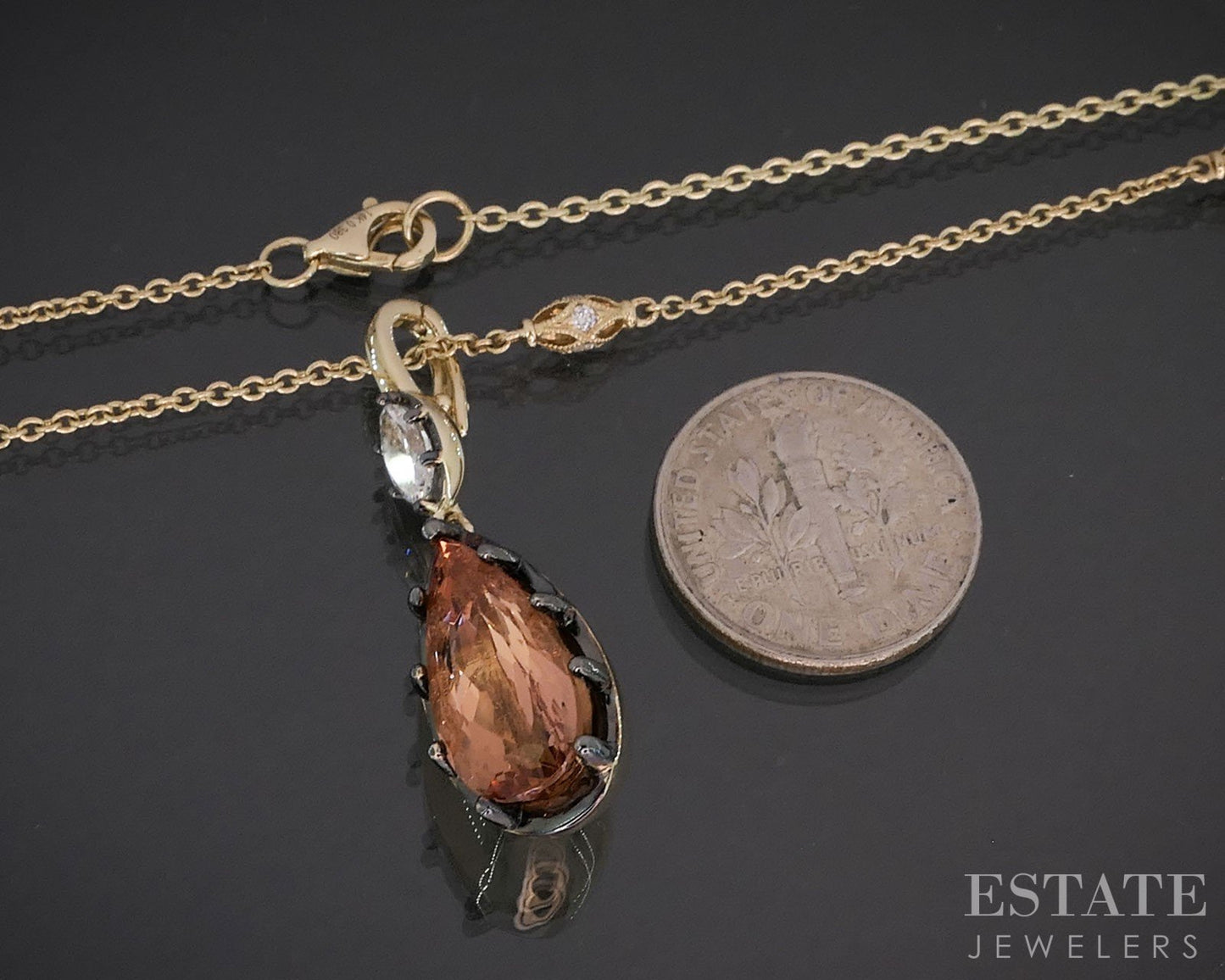 14k Yellow Gold Pear Natural Imperial Topaz & Diamond Necklace 11.6g 18"L i19664