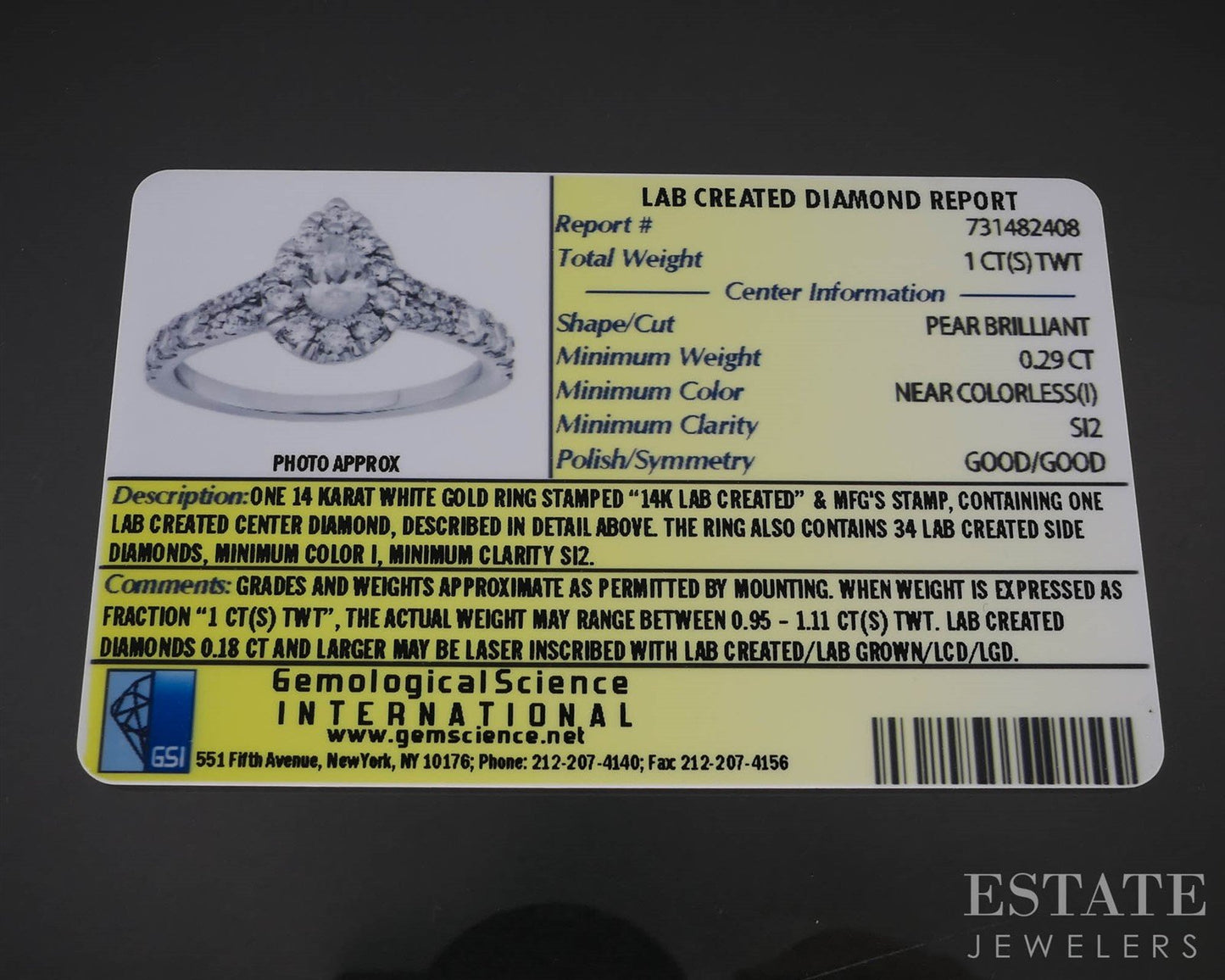14k White Gold GSI Pear Lab Created 1ctw Diamond Engagement Ring 3.5g i19688b