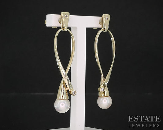 14k Yellow Gold 6.4mm Cultured Pearl & Diamond Dangle Earrings 4.9g i19696b
