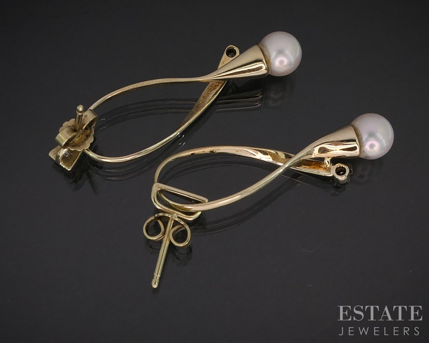 14k Yellow Gold 6.4mm Cultured Pearl & Diamond Dangle Earrings 4.9g i19696b