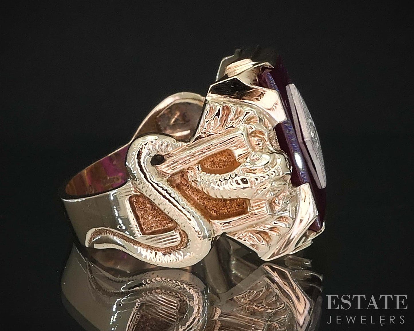 Antique 10k Yellow Gold Ruby & Diamond Cobra Large Mens Ring 11.8g i19711b