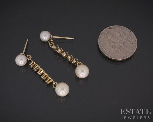 Vintage 14k Yellow Gold Cultured Pearl & Diamond Dangle Earrings 1.9g i19706b
