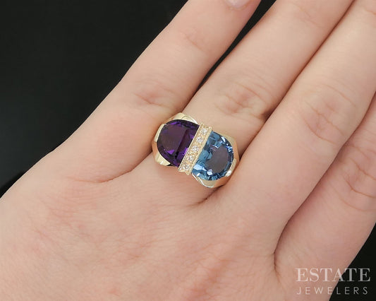14k Yellow Gold Natural Blue Topaz Amethyst & Diamond Ring 8.1g i19704b