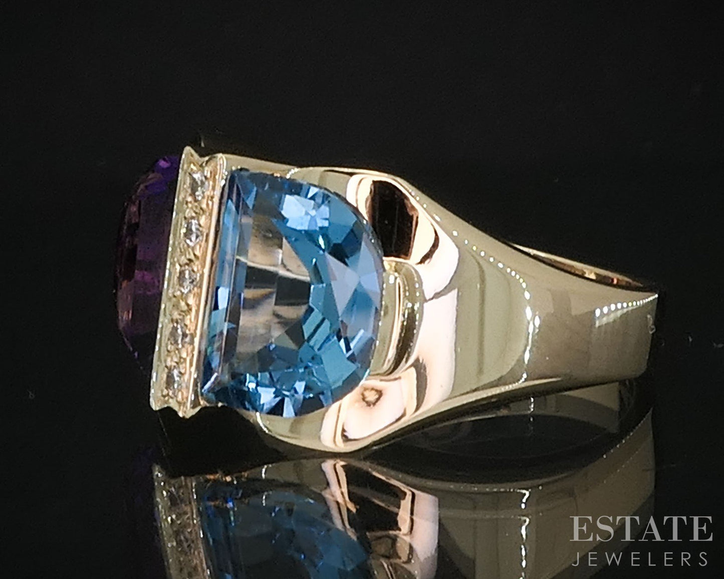 14k Yellow Gold Natural Blue Topaz Amethyst & Diamond Ring 8.1g i19704b