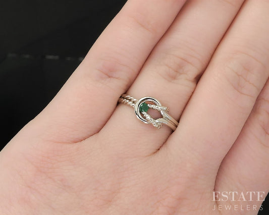 14k White Gold Natural Emerald Love Knot Ladies Band Ring 2.6g i19710b