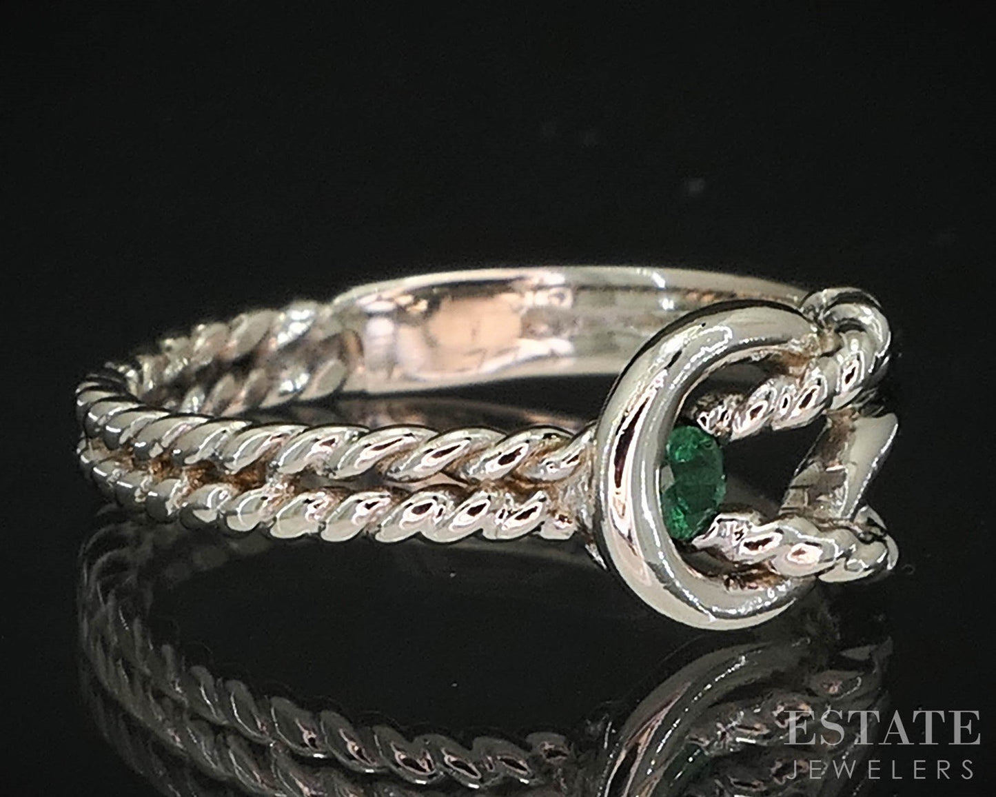 14k White Gold Natural Emerald Love Knot Ladies Band Ring 2.6g i19710b