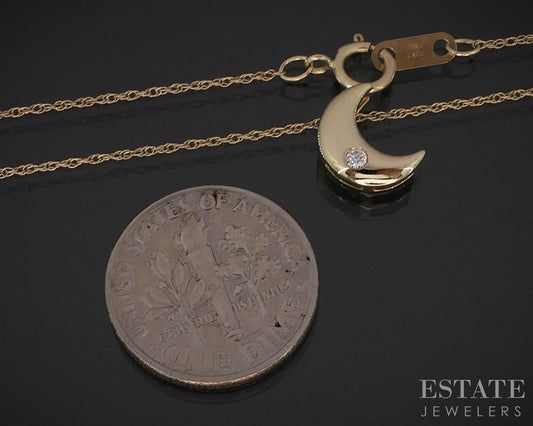 10k Yellow Gold Natural Diamond Crescent Moon Ladies Necklace 1.1g 18"L i19709b