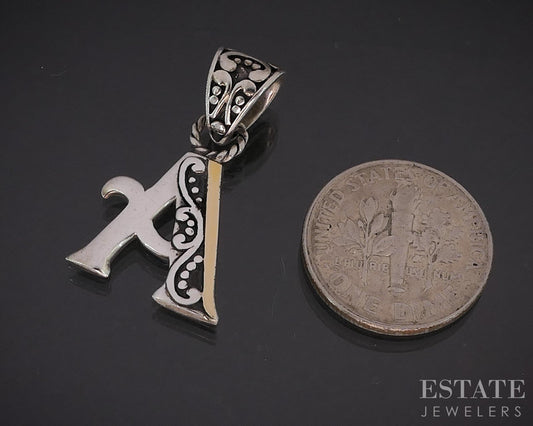 18k & Sterling Letter A Beaded Scroll Ladies Pendant 2.5g i19732