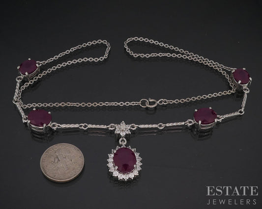 Sterling Silver Natural Ruby & White Topaz Ladies Y-Necklace 16.2g 19"L i19722