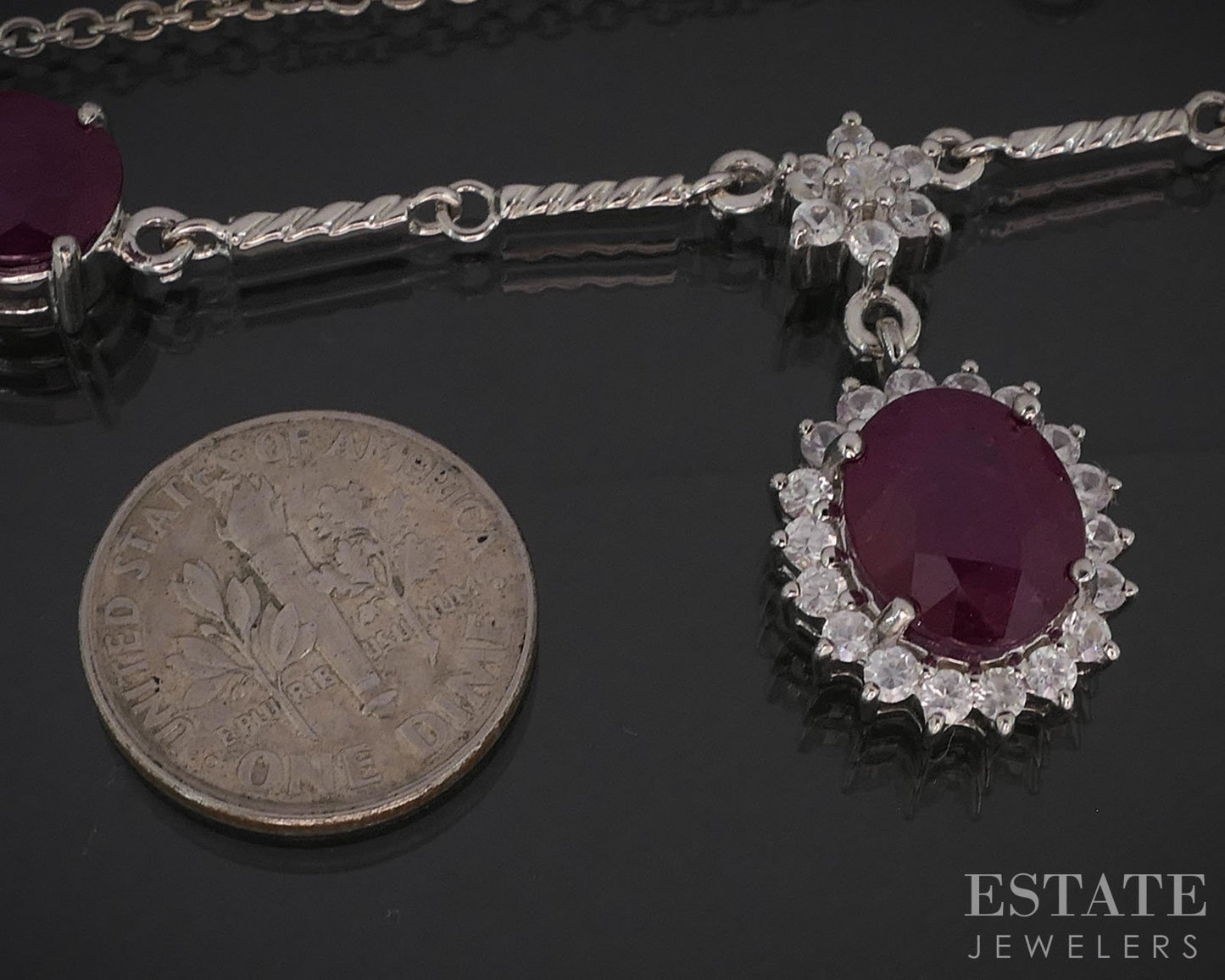 Sterling Silver Natural Ruby & White Topaz Ladies Y-Necklace 16.2g 19"L i19722