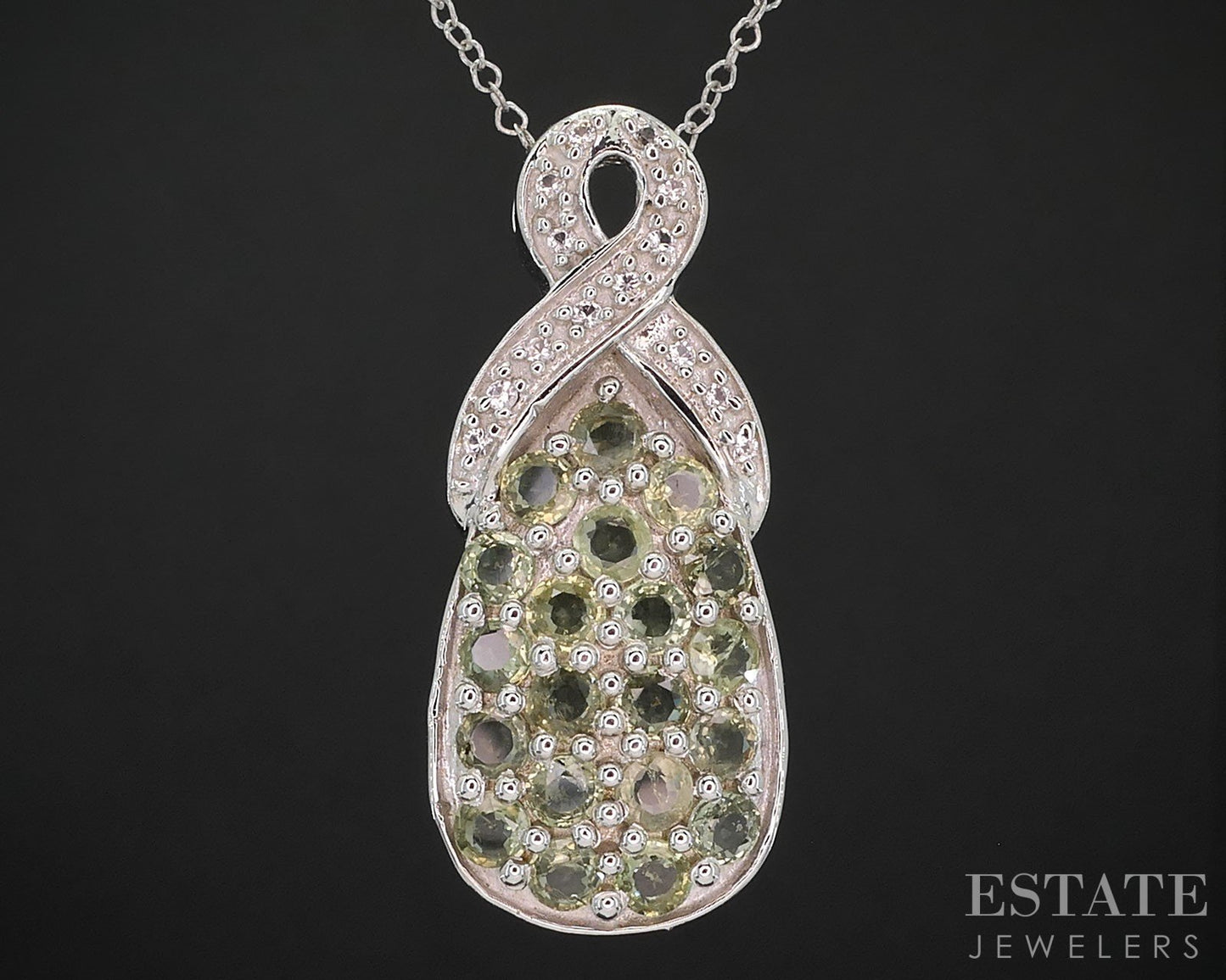 Sterling Silver Natural Green & White Sapphire Ladies Necklace 5.8g 18"L i19729