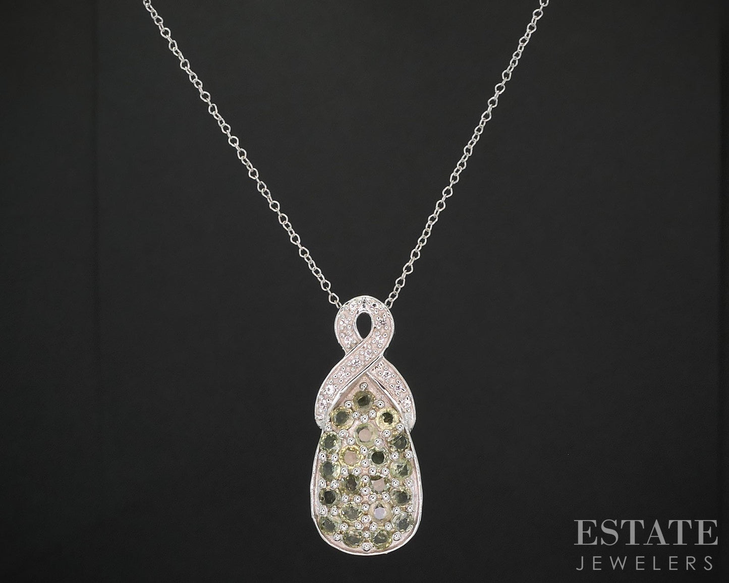 Sterling Silver Natural Green & White Sapphire Ladies Necklace 5.8g 18"L i19729
