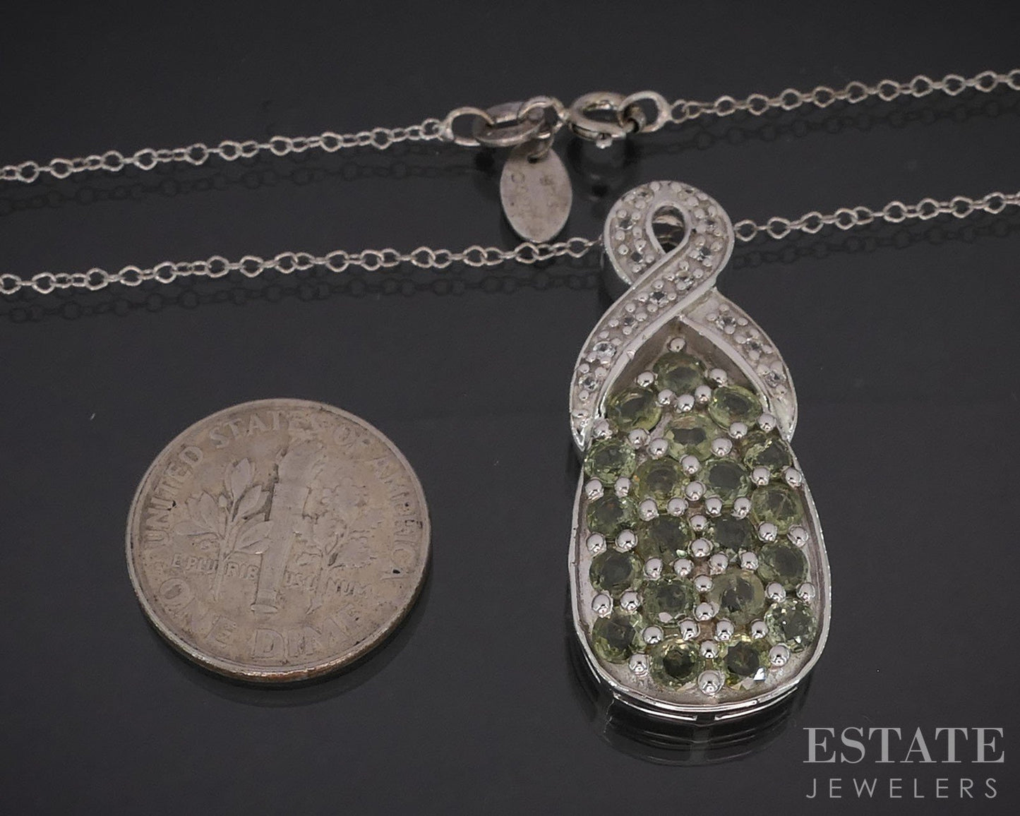 Sterling Silver Natural Green & White Sapphire Ladies Necklace 5.8g 18"L i19729