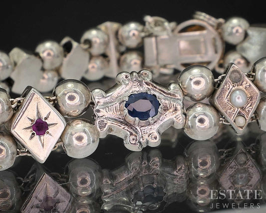 Antique Sterling Silver Multi Gem Pearl Slide Charm Bracelet 26g 7.25"L i19723