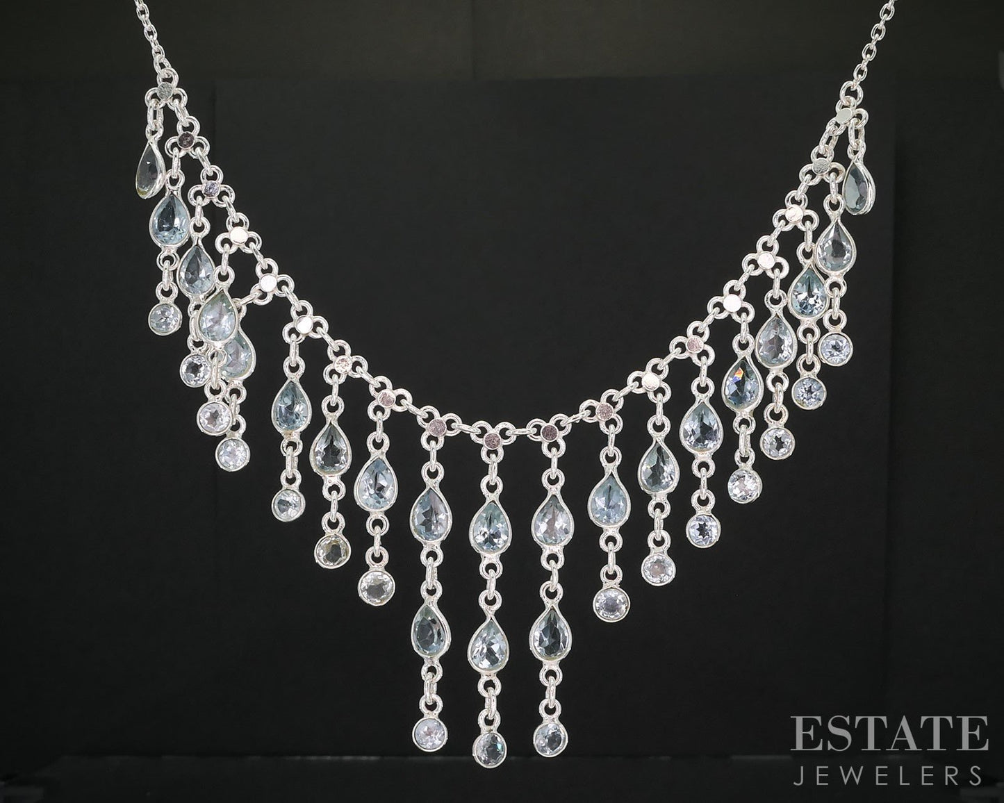 Sterling Silver Natural Blue Topaz Ladies Bib Collar Necklace 21.6g 18"L i19713
