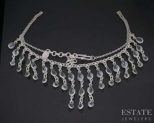 Sterling Silver Natural Blue Topaz Ladies Bib Collar Necklace 21.6g 18"L i19713