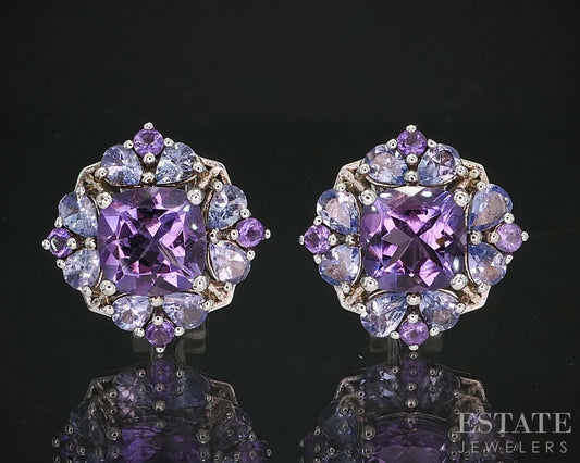 Sterling Silver Natural Amethyst & Tanzanite Cluster Stud Earrings 5.8g i19726