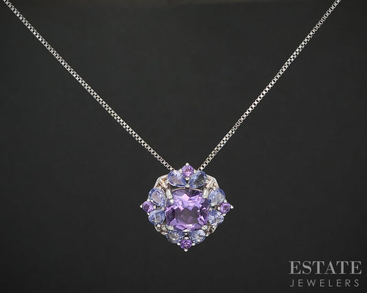 Sterling Silver Natural Amethyst & Tanzanite Cluster Necklace 3.9g 18"L i19721
