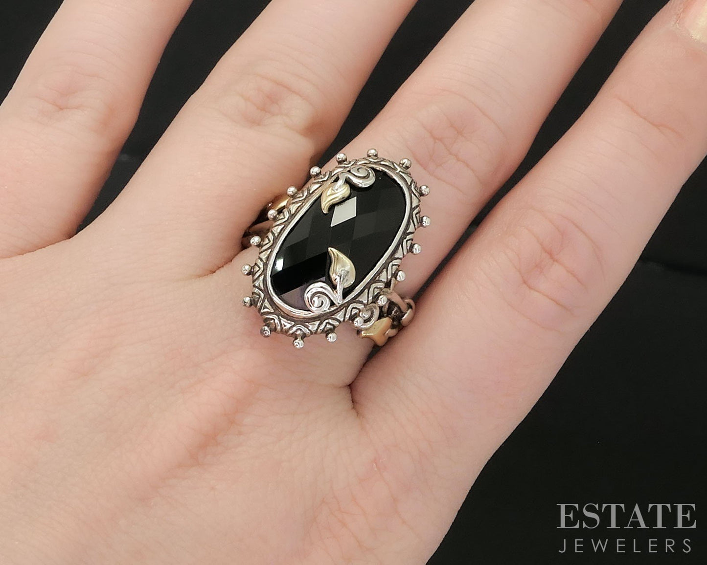 18k & Sterling Barbara Bixby Natural Black Onyx Floral Ladies Ring 10g i19753