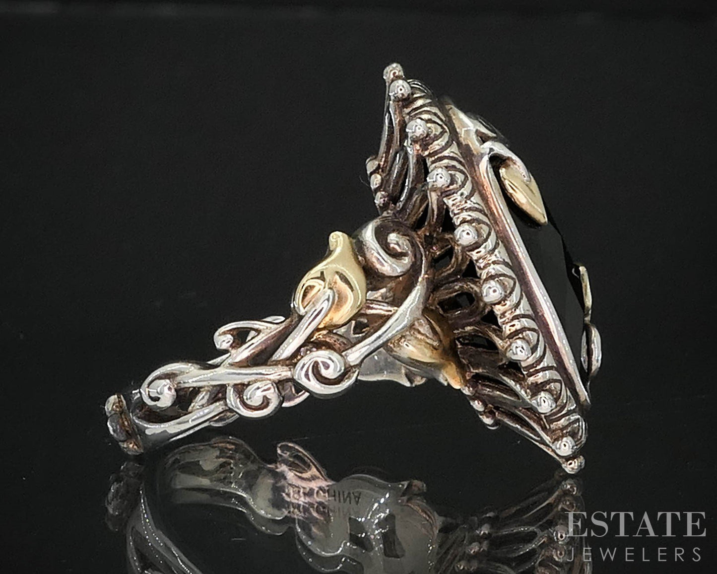 18k & Sterling Barbara Bixby Natural Black Onyx Floral Ladies Ring 10g i19753