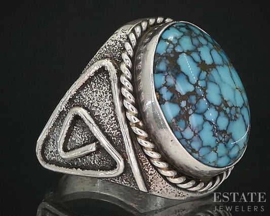 Vintage Sterling Silver Natural Spiderweb Turquoise Navajo Mens Ring 22g i19750