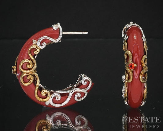 18K/Sterling Michael Valitutti Red Coral & Garnet Hoop Earrings 11.5g i19747