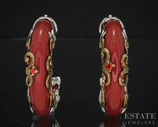 18K/Sterling Michael Valitutti Red Coral & Garnet Hoop Earrings 11.5g i19747