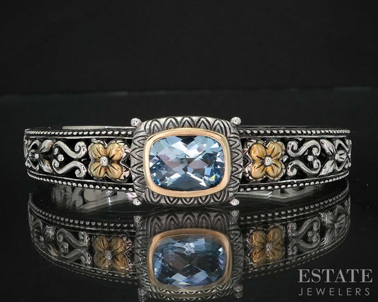 18k & Sterling Barbara Bixby Natural Blue Topaz Cuff Bracelet 58.5g i19742