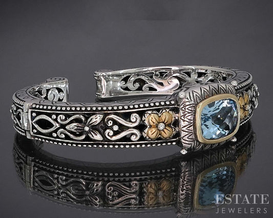 18k & Sterling Barbara Bixby Natural Blue Topaz Cuff Bracelet 58.5g i19742
