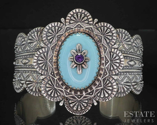 Sterling Carolyn Pollack Natural Turquoise & Amethyst Cuff Bracelet 77g i19741