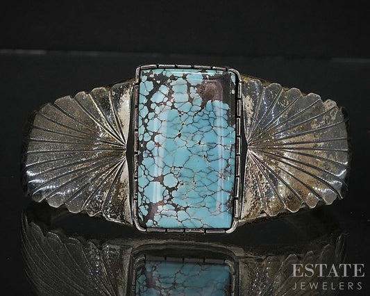 Vintage Sterling Navajo Natural Turquoise Signed KH Cuff Bracelet 29.6g i19740