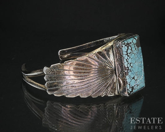 Vintage Sterling Navajo Natural Turquoise Signed KH Cuff Bracelet 29.6g i19740