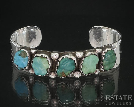 Vintage Sterling Navajo Natural Turquoise Signed Cuff Bracelet 22.8g i19739