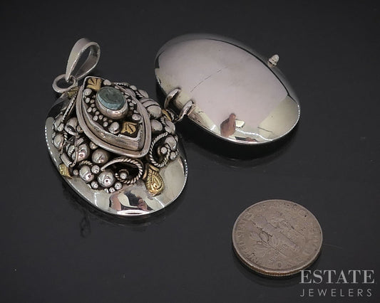 18k & Sterling Cabochon Natural Blue Topaz Large Ladies Locket 15.9g i19737