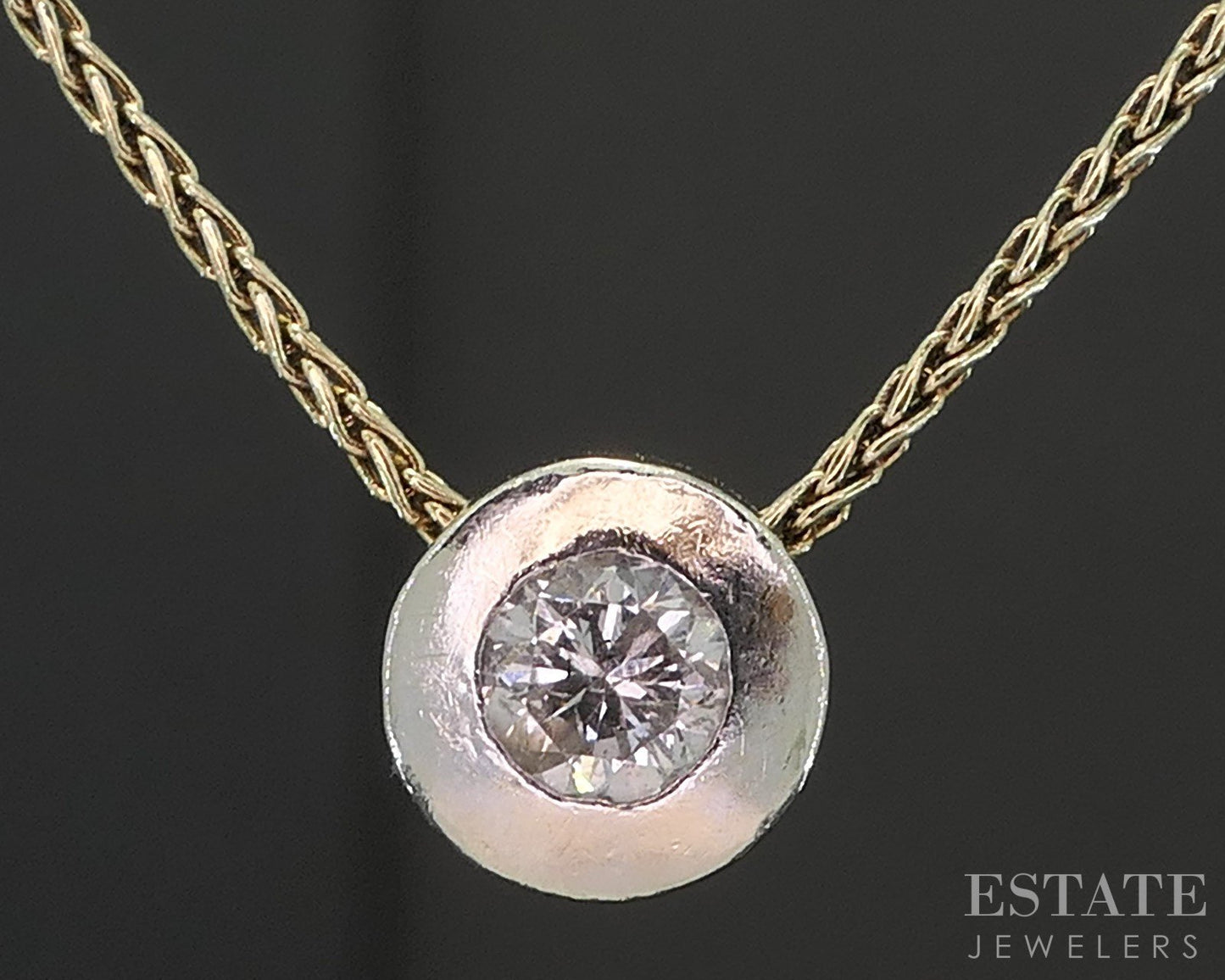 14k Two Tone Gold Round Natural .06ct Diamond Bezel Solitaire Necklace 2g i19762