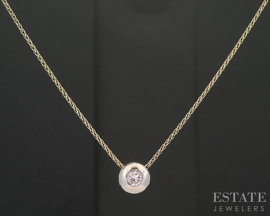 14k Two Tone Gold Round Natural .06ct Diamond Bezel Solitaire Necklace 2g i19762