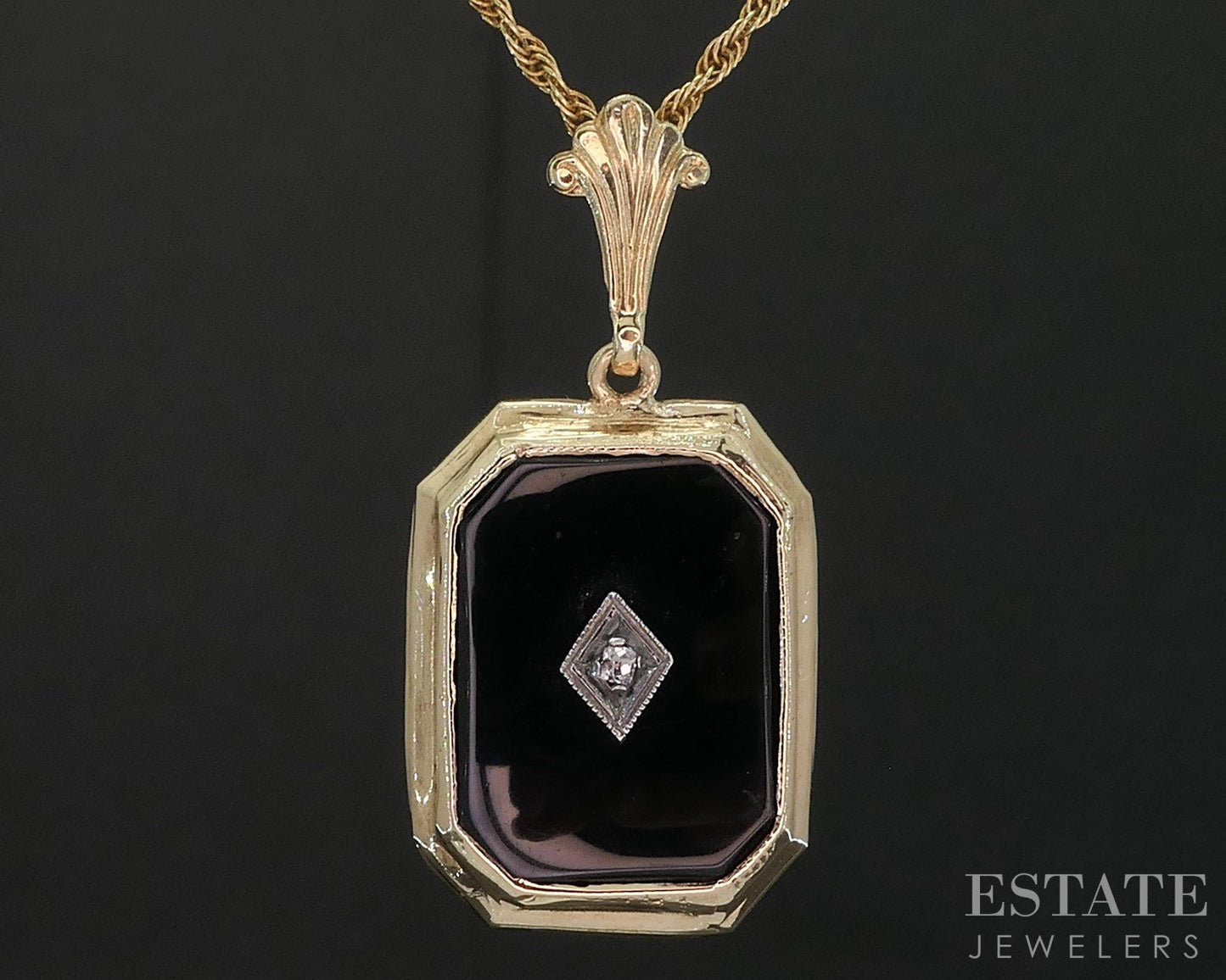 Antique 14k Yellow Gold Natural Black Onyx & Diamond Necklace 3.9g 18"L i19776